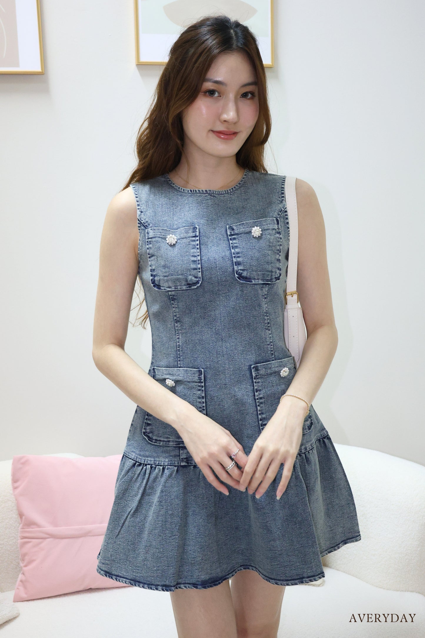 Arabelle denim pearl button pocket dress In Grey Wash
