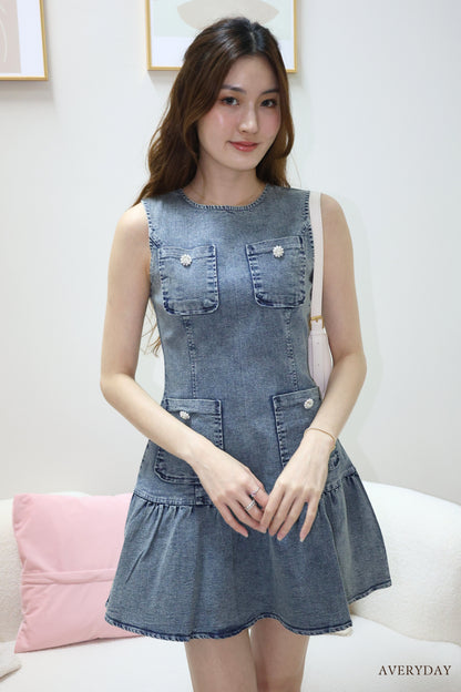 Arabelle denim pearl button pocket dress In Grey Wash