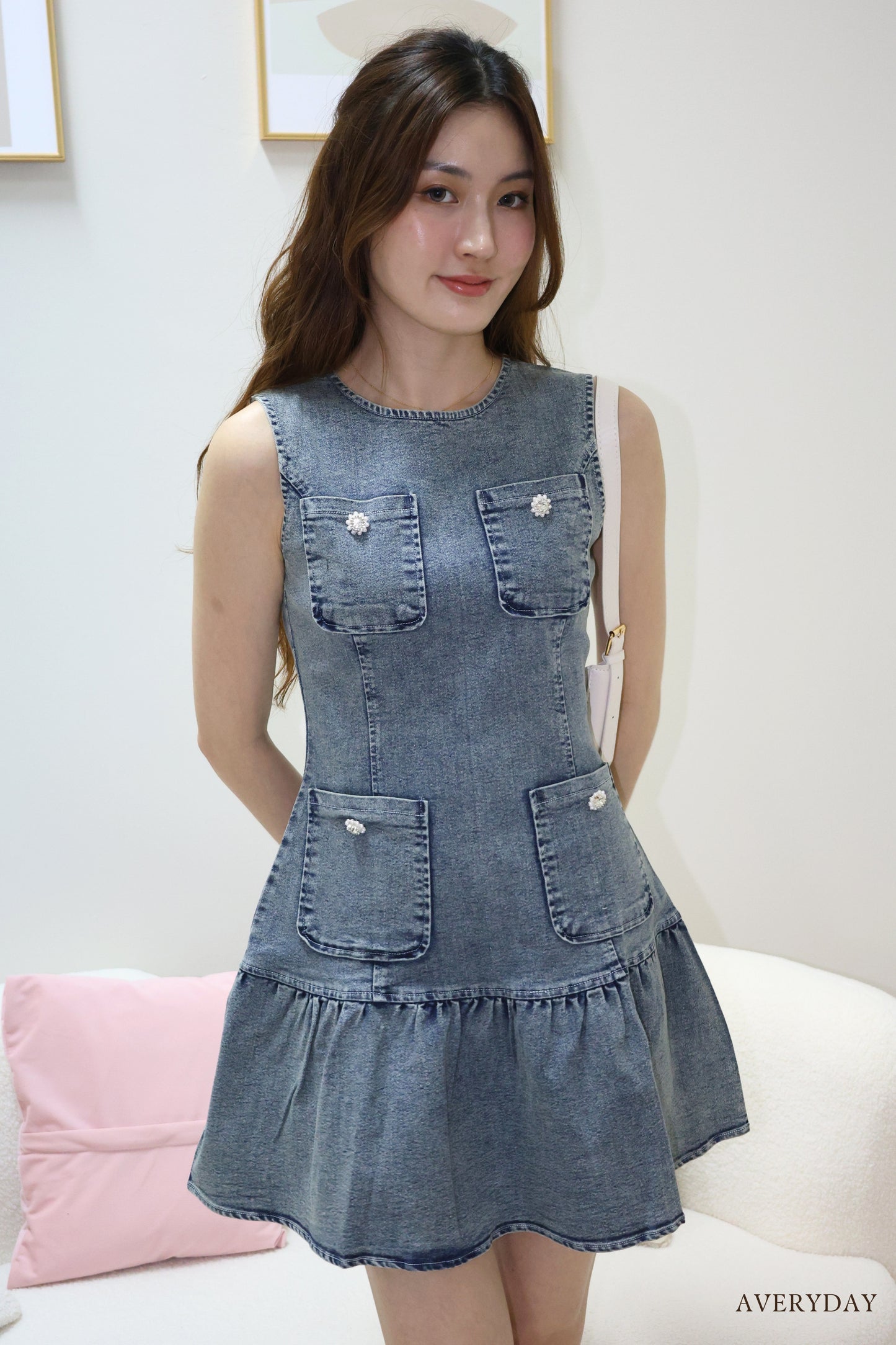 Arabelle denim pearl button pocket dress In Grey Wash