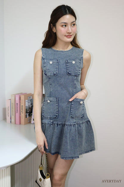 Arabelle denim pearl button pocket dress In Grey Wash