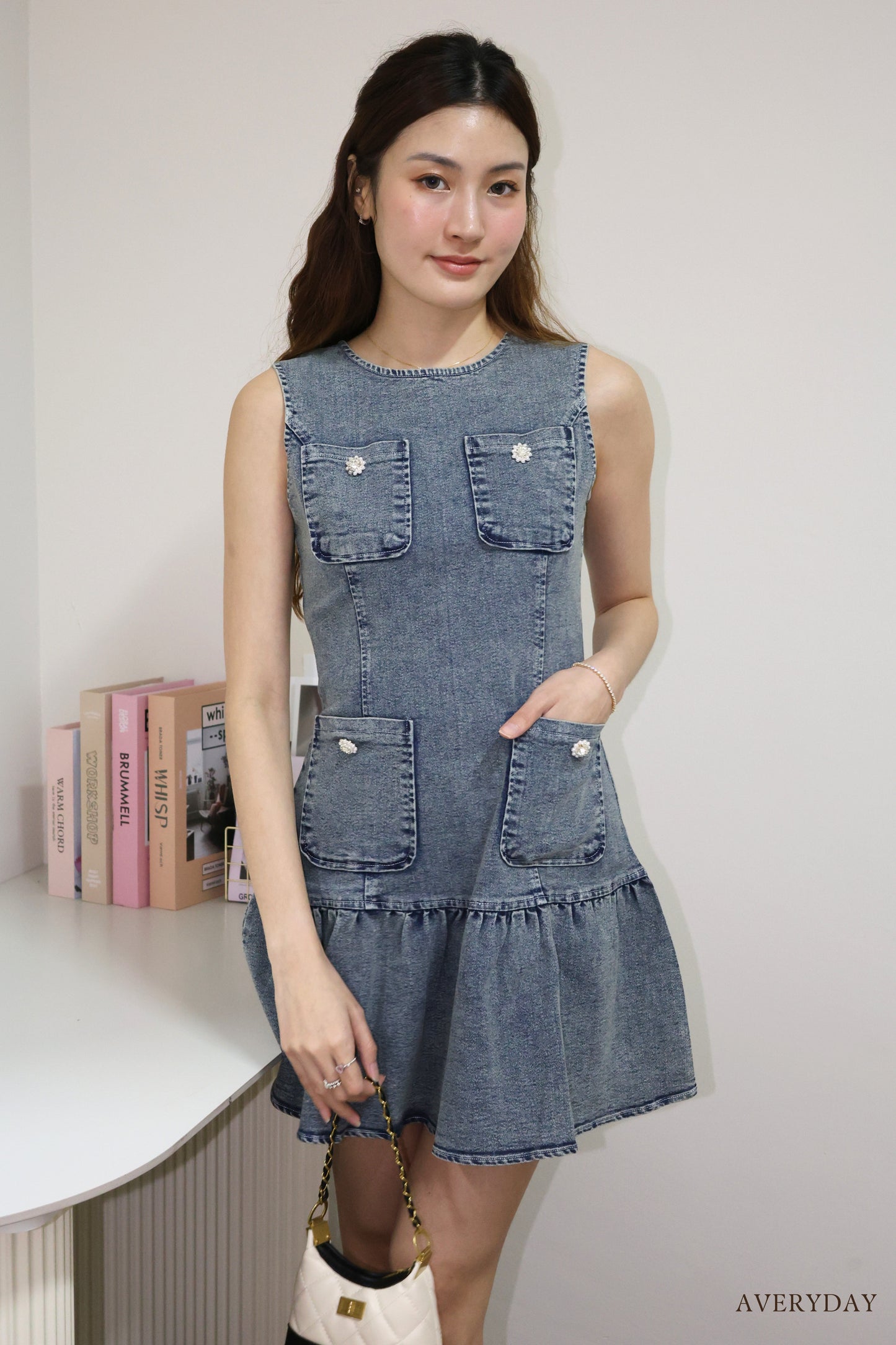 Arabelle denim pearl button pocket dress In Grey Wash
