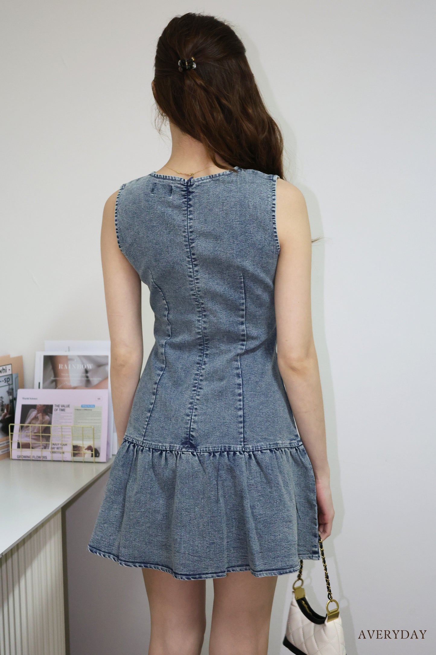 Arabelle denim pearl button pocket dress In Grey Wash