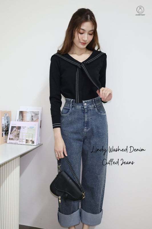 Lindy Washed Denim Cuffed Jeans (Dark)