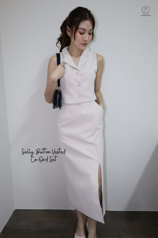 Selly Button Vested Co-Ord Set In Beige