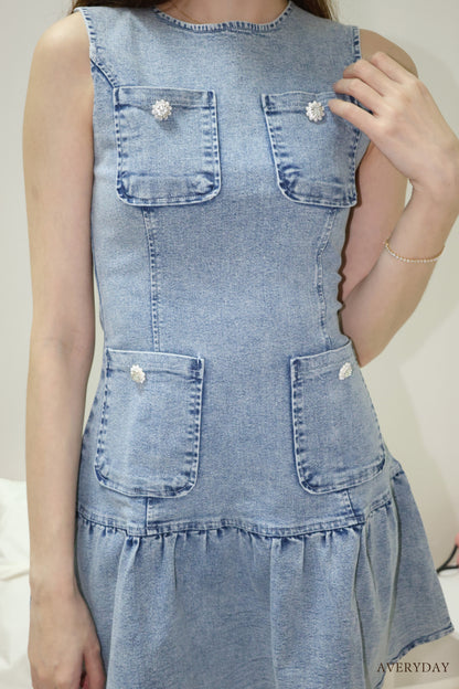 Arabelle denim pearl button pocket dress In Blue Wash
