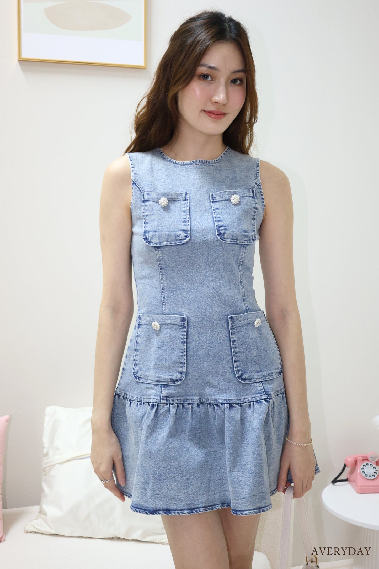 Arabelle denim pearl button pocket dress In Blue Wash