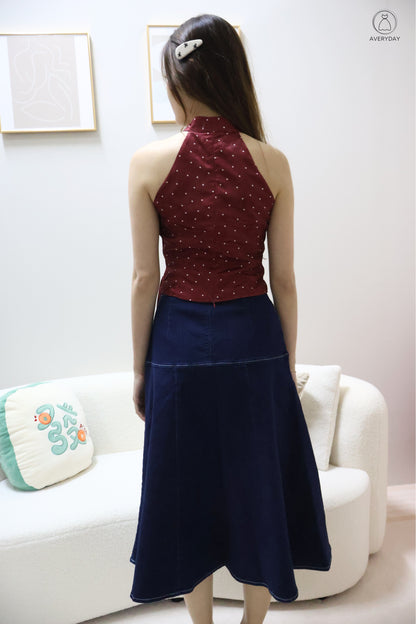 *Premium* 漫 (Màn) Pocket Denim Flutter Flare Midi Skirt In Dark Wash