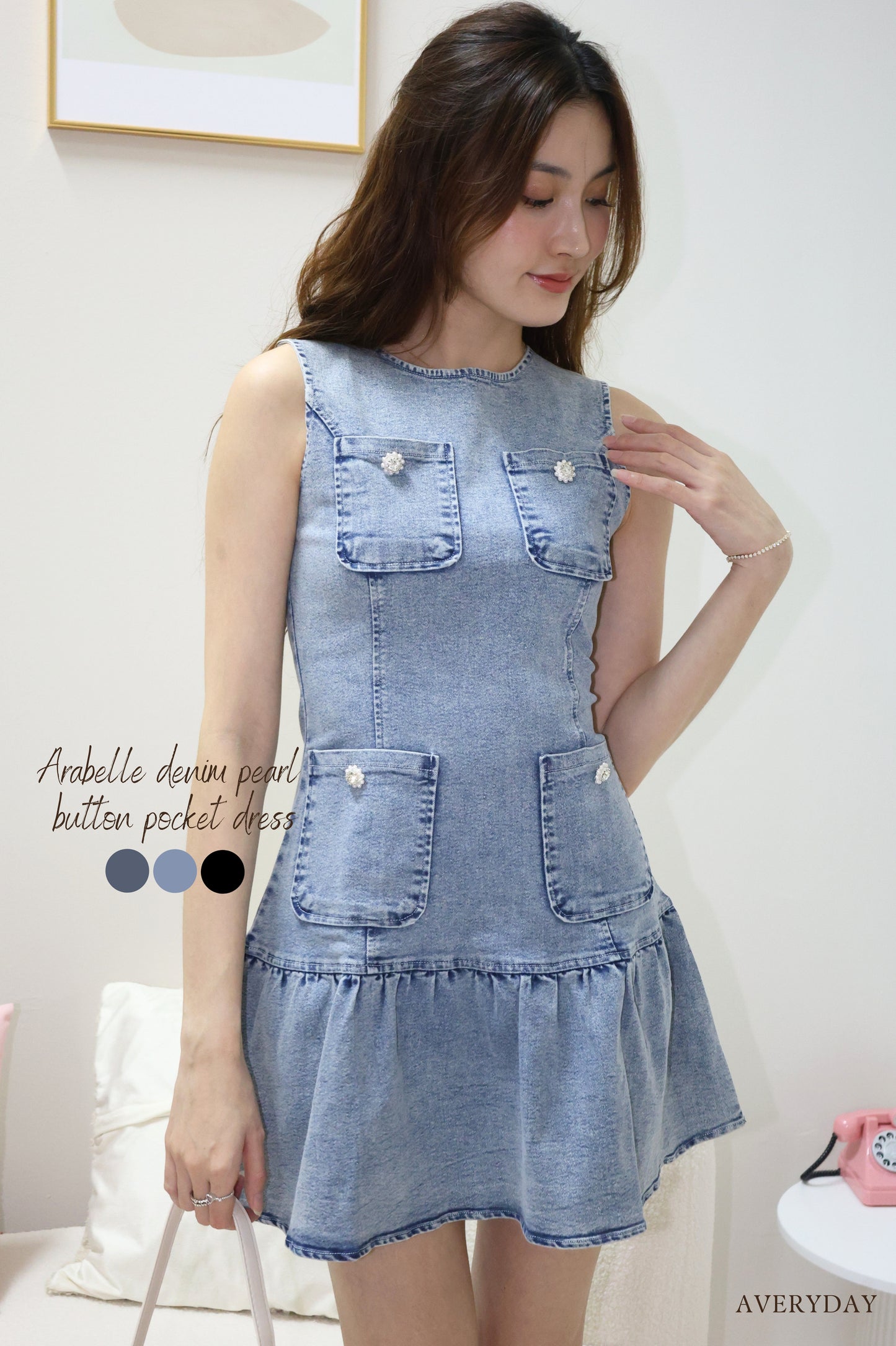 Arabelle denim pearl button pocket dress In Blue Wash