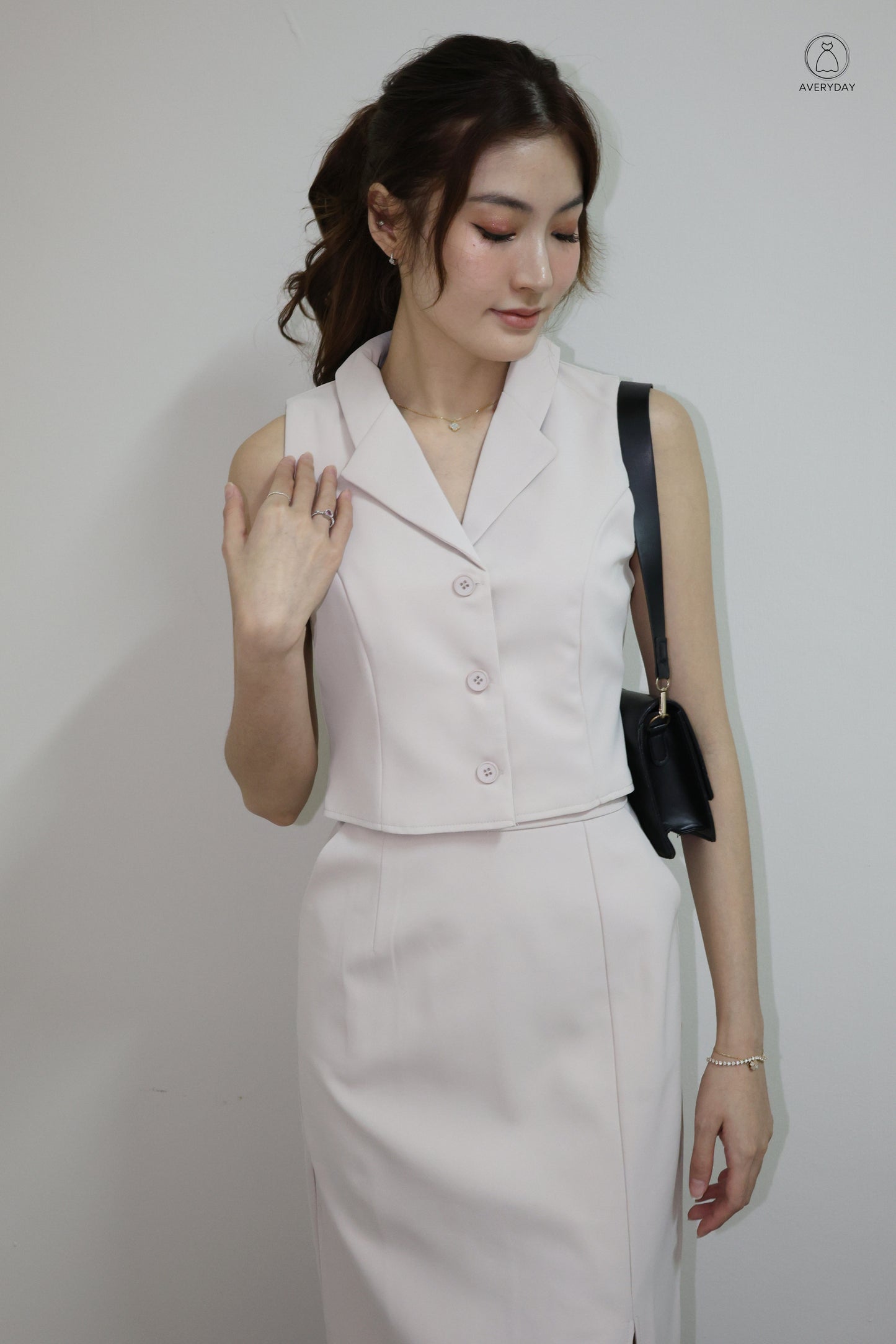 Selly Button Vested Co-Ord Set In Beige
