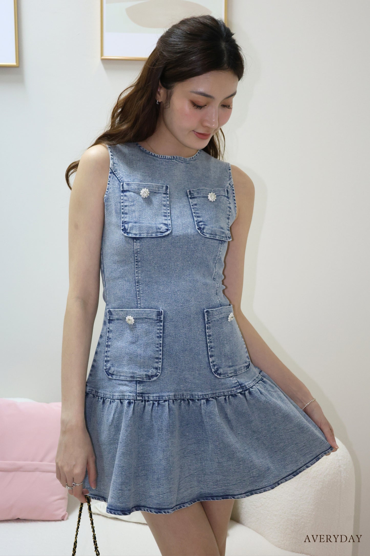 Arabelle denim pearl button pocket dress In Blue Wash