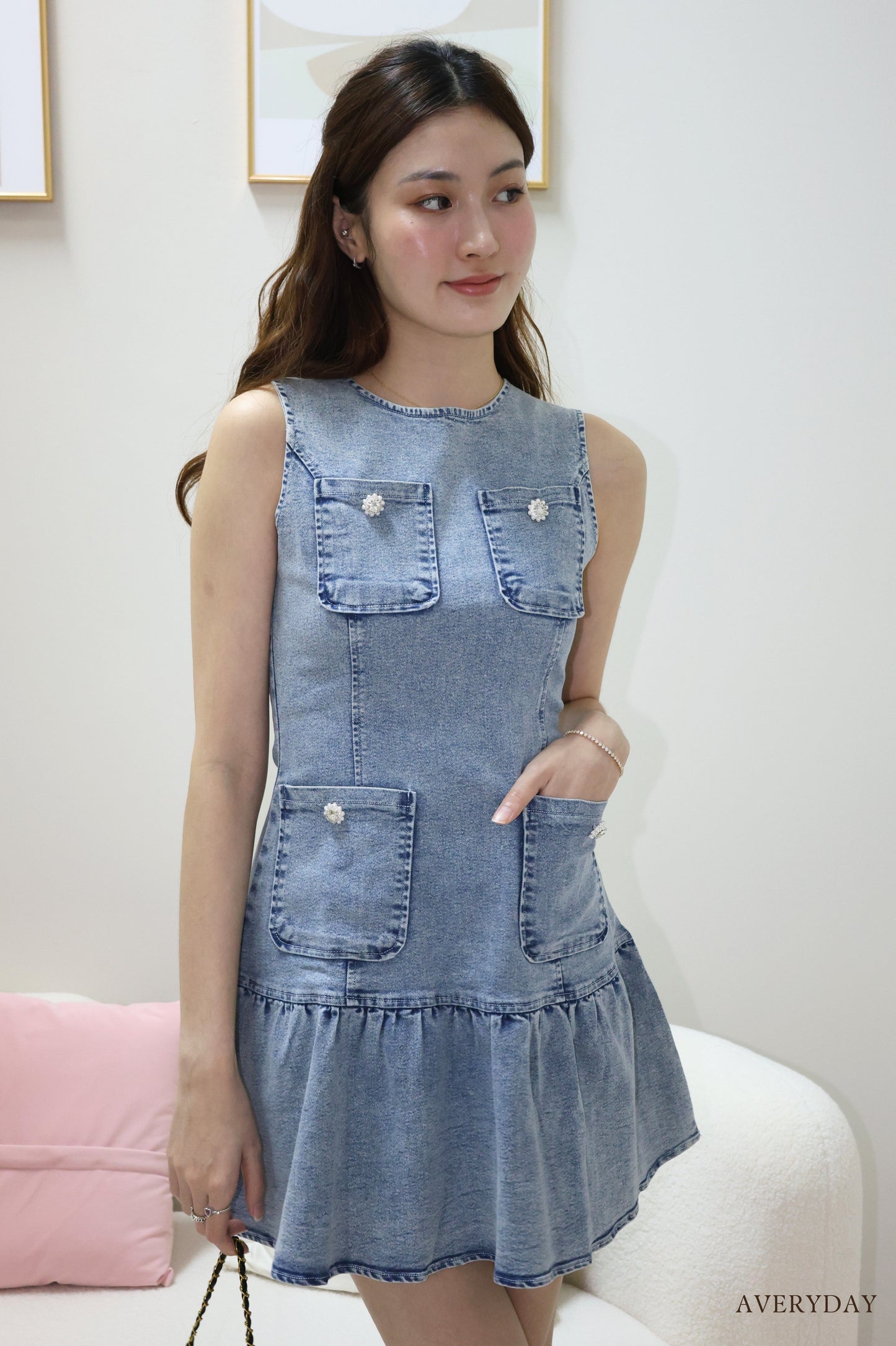 Arabelle denim pearl button pocket dress In Blue Wash