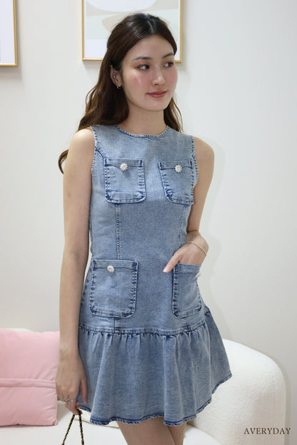 Arabelle denim pearl button pocket dress In Blue Wash