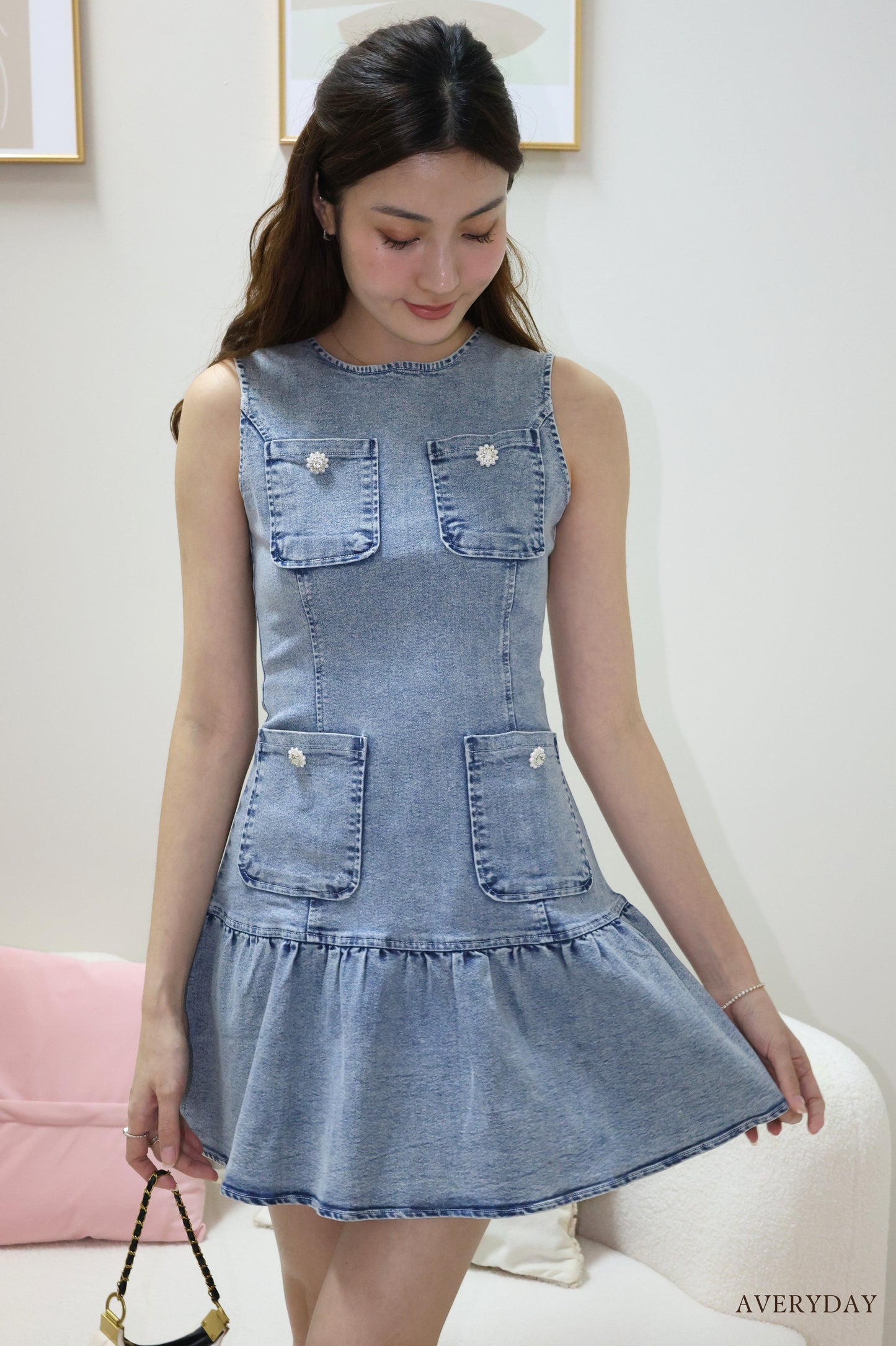 Arabelle denim pearl button pocket dress In Blue Wash
