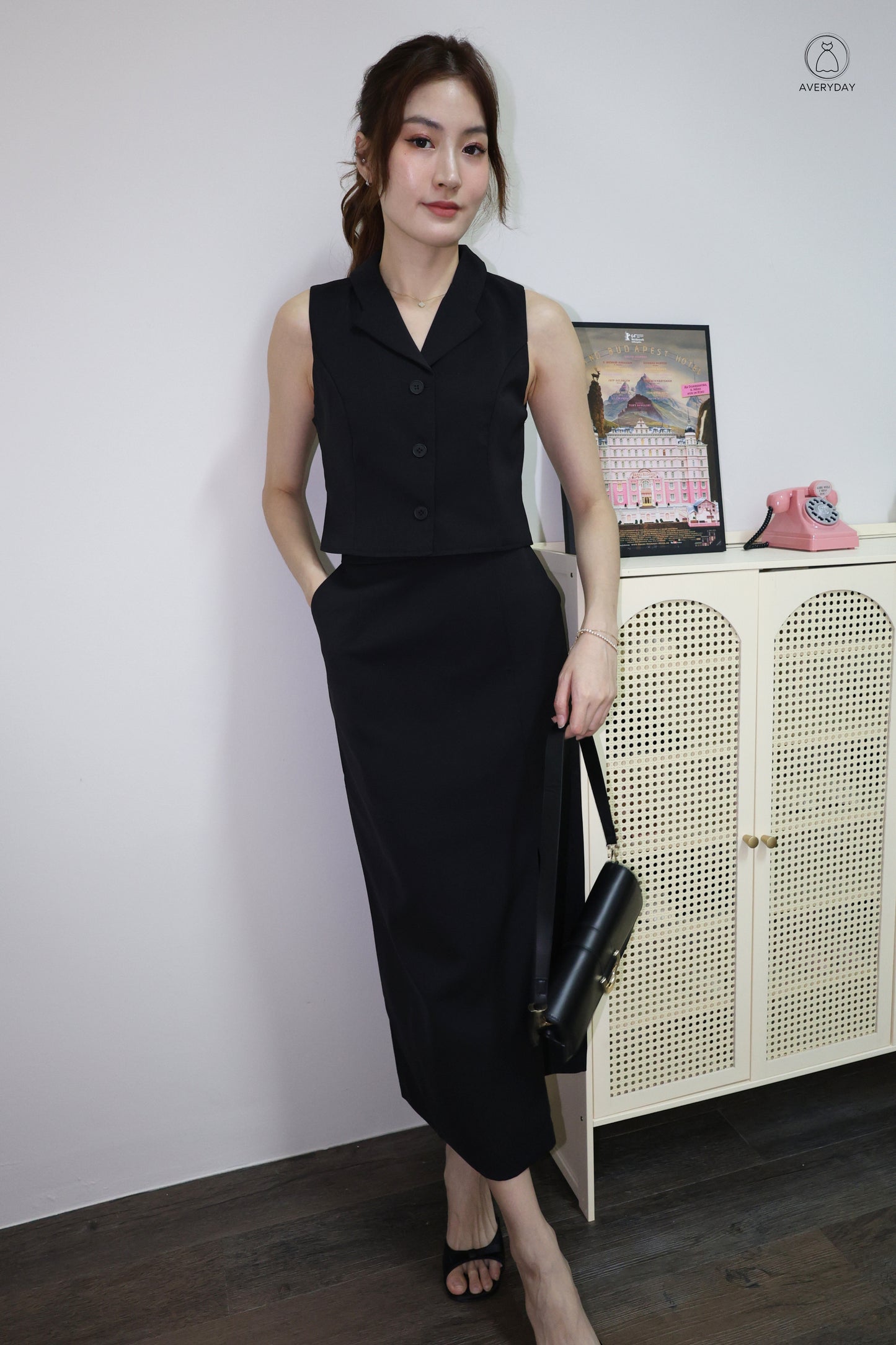 Selly Button Vested Co-Ord Set In Black