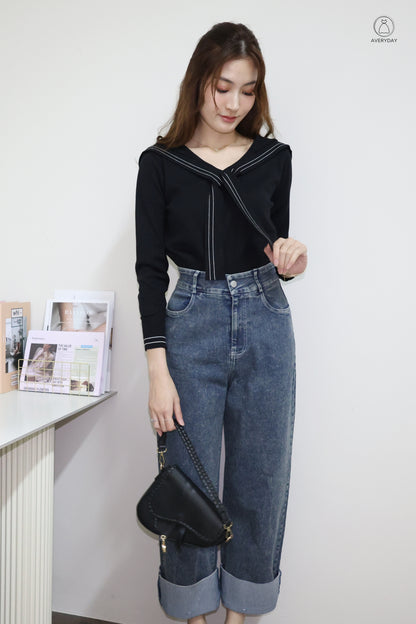 Tayler Nautical Tie Front Knit Top In Black