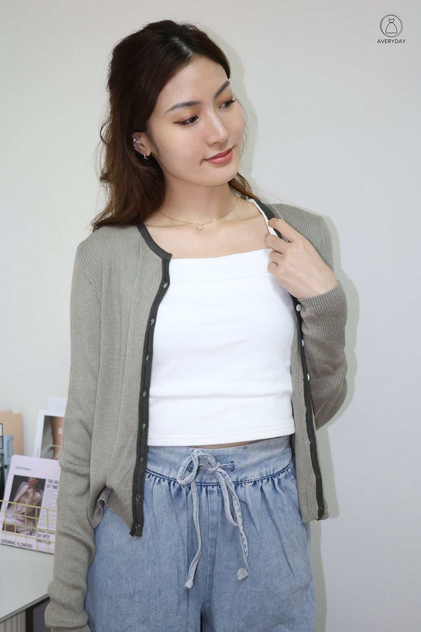Heidi Contrast  Soft Ribbed Cardigan In Slate Grey
