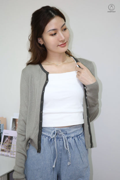Heidi Contrast  Soft Ribbed Cardigan In Slate Grey