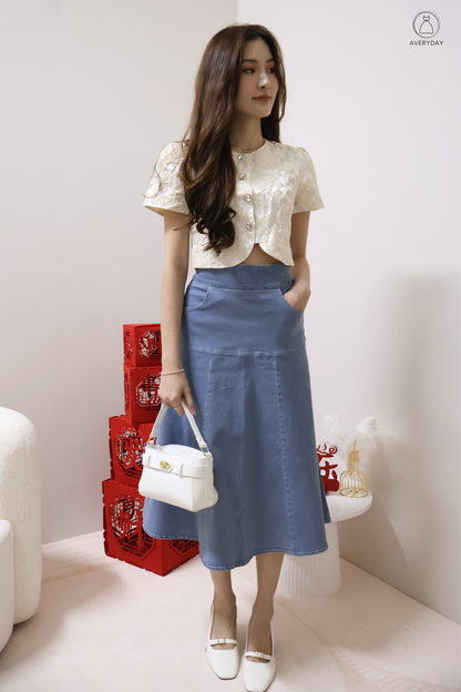 *Premium* 漫 (Màn) Pocket Denim Flutter Flare Midi Skirt In Light Wash
