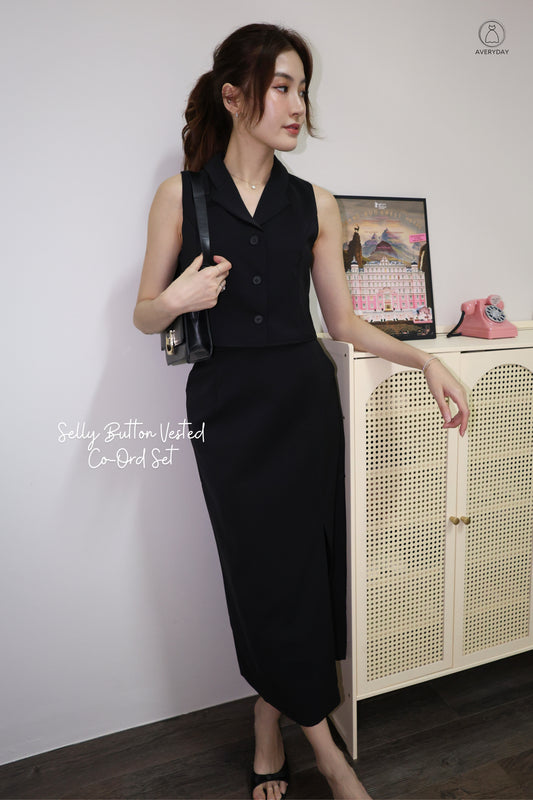 Selly Button Vested Co-Ord Set In Black