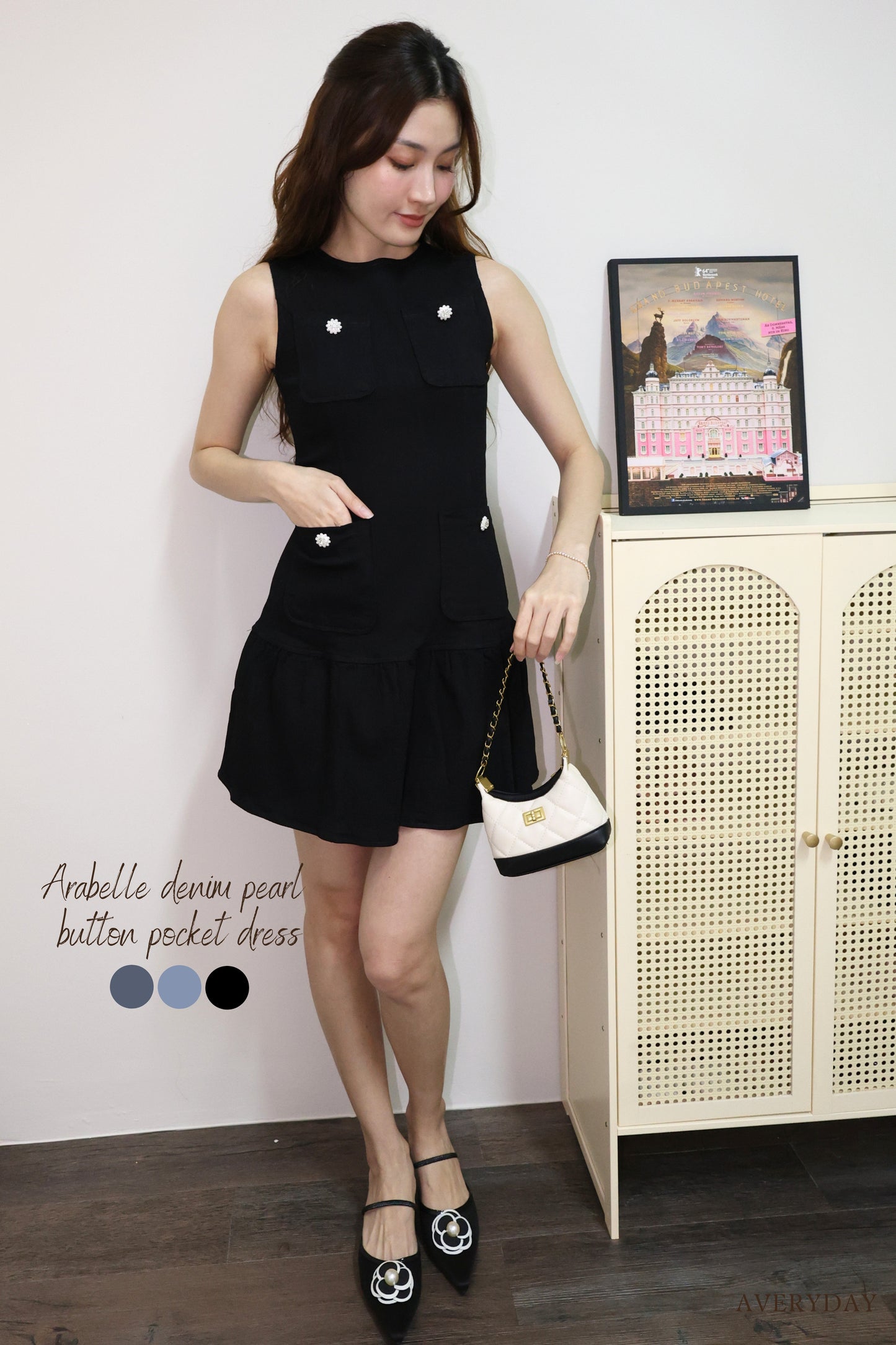 Arabelle denim pearl button pocket dress In Black