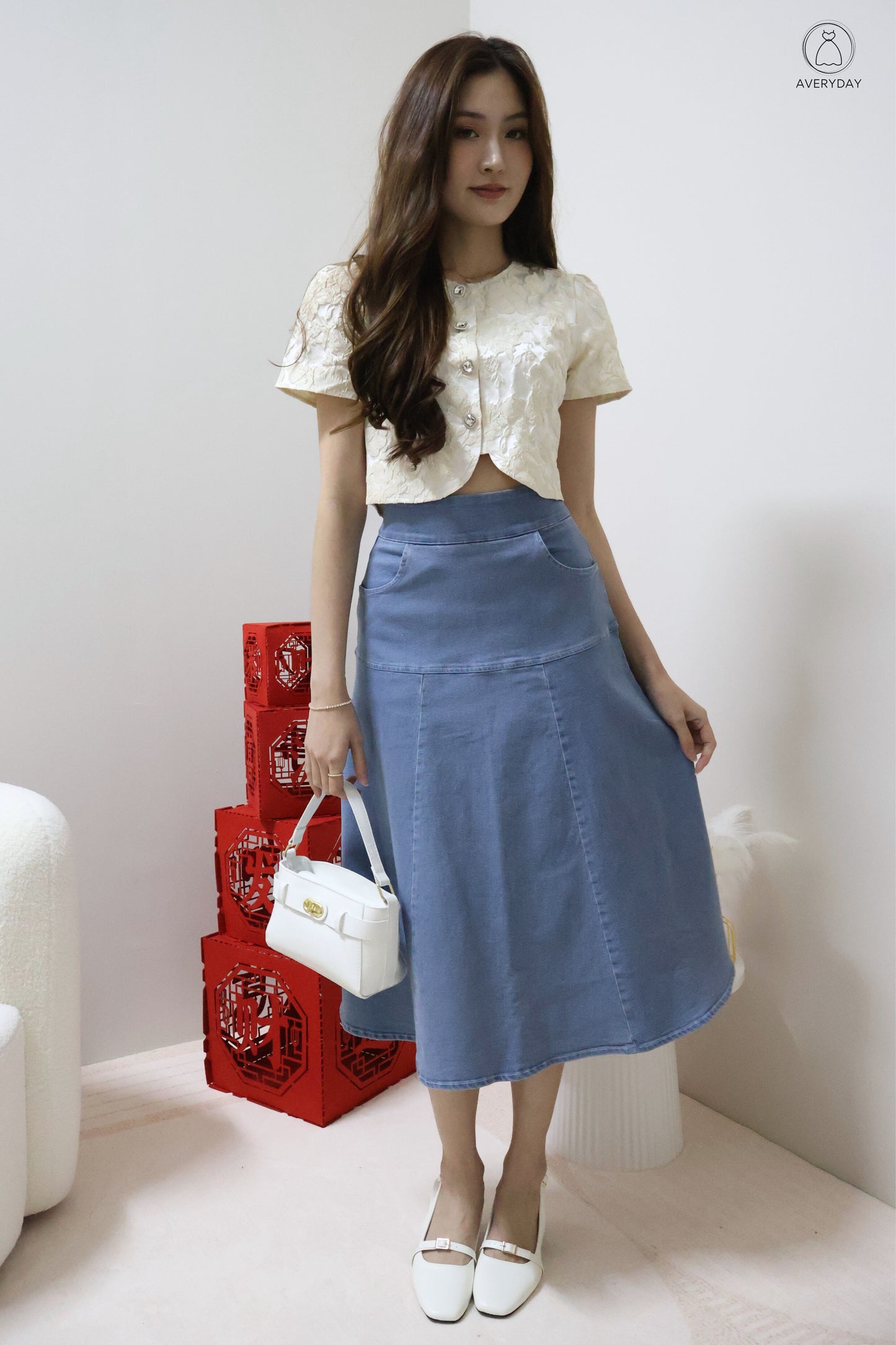 *Premium* 漫 (Màn) Pocket Denim Flutter Flare Midi Skirt In Light Wash