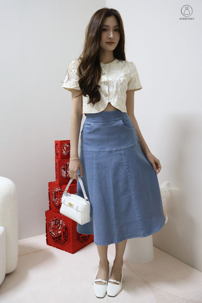 *Premium* 漫 (Màn) Pocket Denim Flutter Flare Midi Skirt In Light Wash