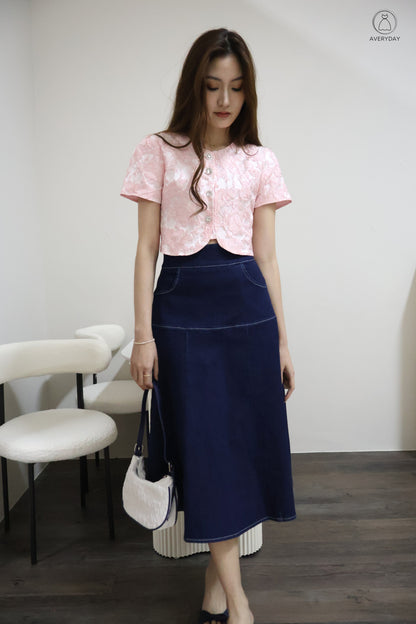*Premium* 漫 (Màn) Pocket Denim Flutter Flare Midi Skirt In Dark Wash