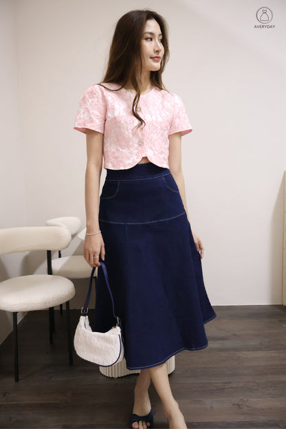 *Premium* 漫 (Màn) Pocket Denim Flutter Flare Midi Skirt In Dark Wash