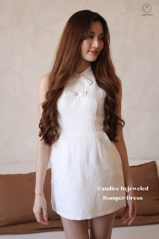 Candice Bejeweled Romper Dress In Cream