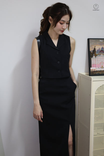 Selly Button Vested Co-Ord Set In Black