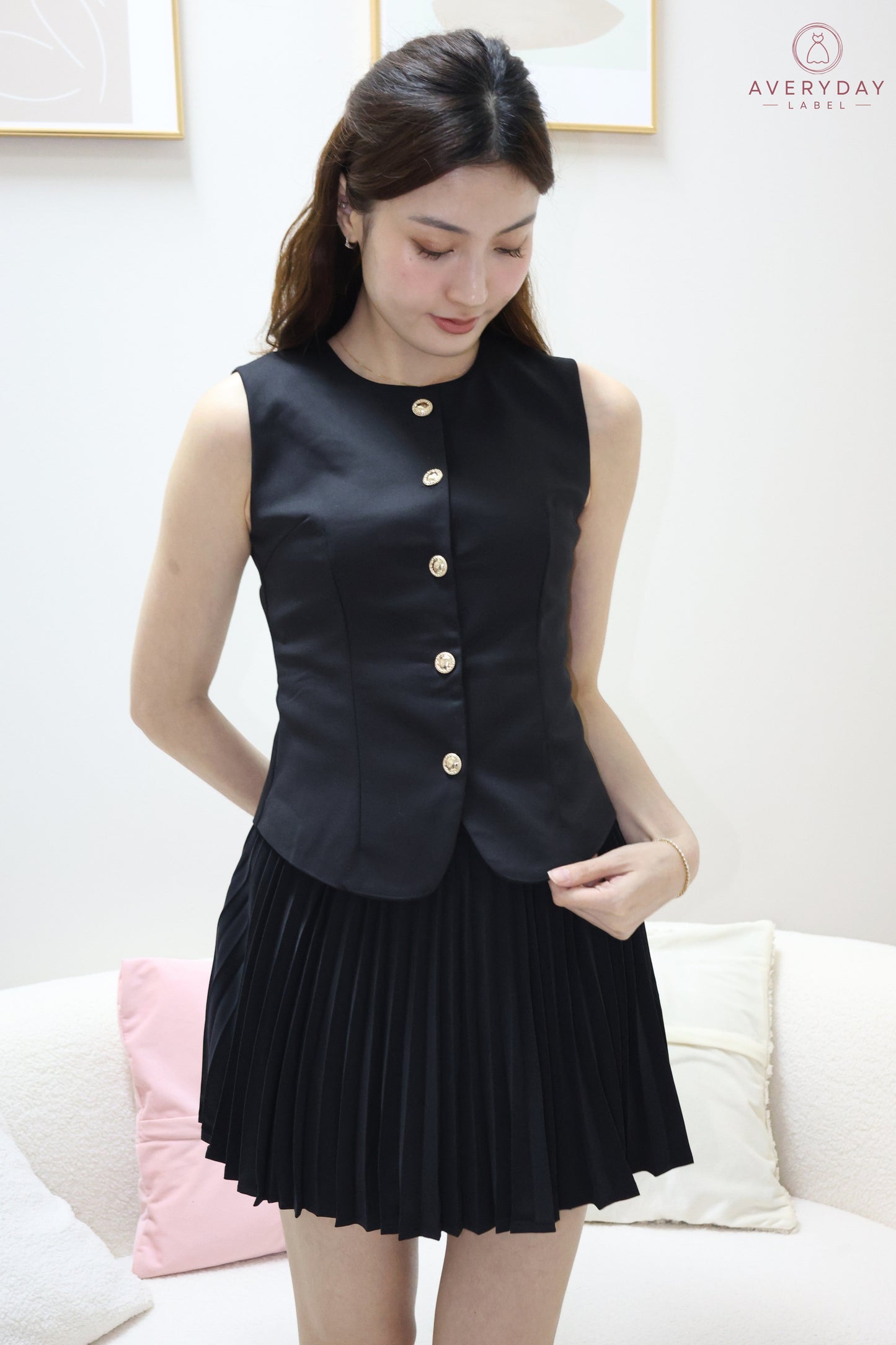 Amie Gold Button Pleated Skort Co-Ord Set In Black