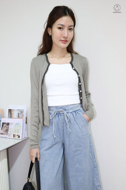 Heidi Contrast  Soft Ribbed Cardigan In Slate Grey