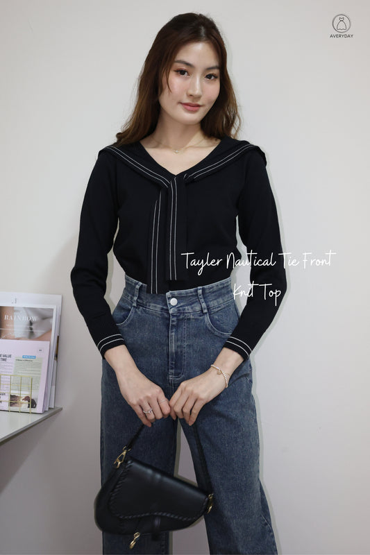 Tayler Nautical Tie Front Knit Top In Black