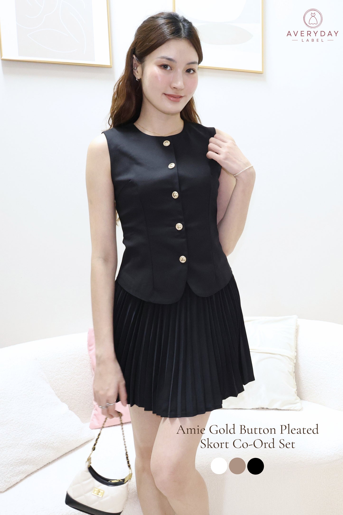 Amie Gold Button Pleated Skort Co-Ord Set In Black