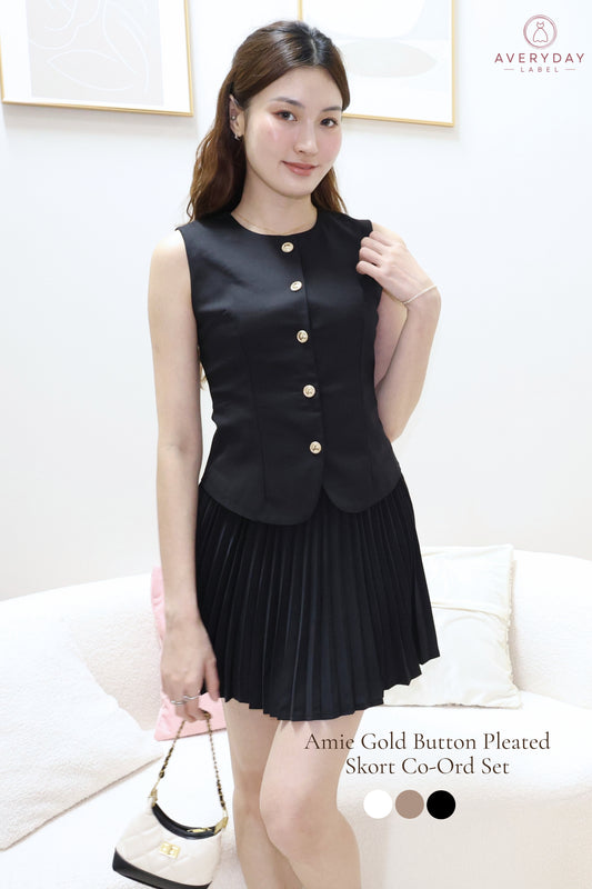 Amie Gold Button Pleated Skort Co-Ord Set In Black
