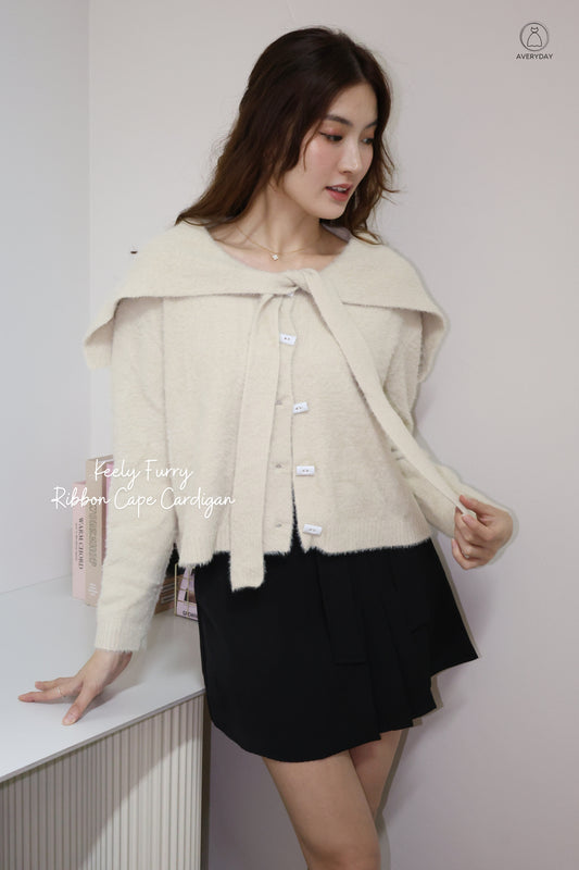 Keely Furry Ribbon Cape Cardigan In Taupe