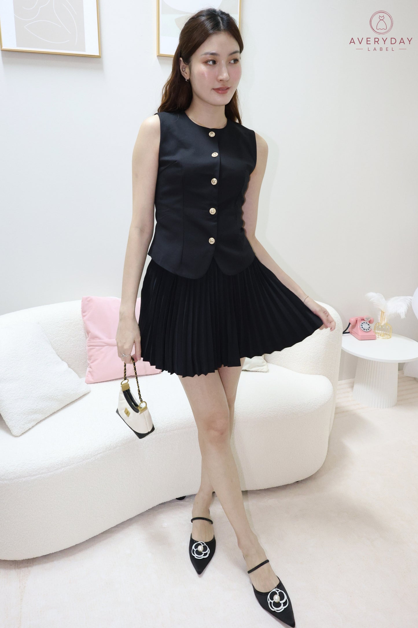 Amie Gold Button Pleated Skort Co-Ord Set In Black