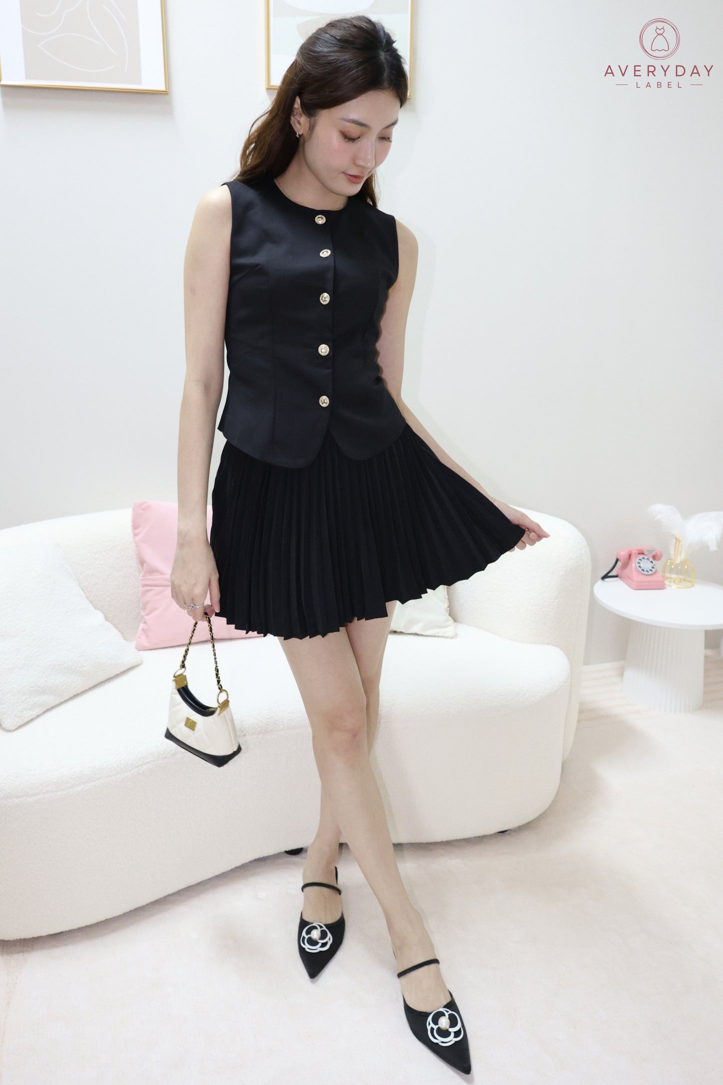 Amie Gold Button Pleated Skort Co-Ord Set In Black
