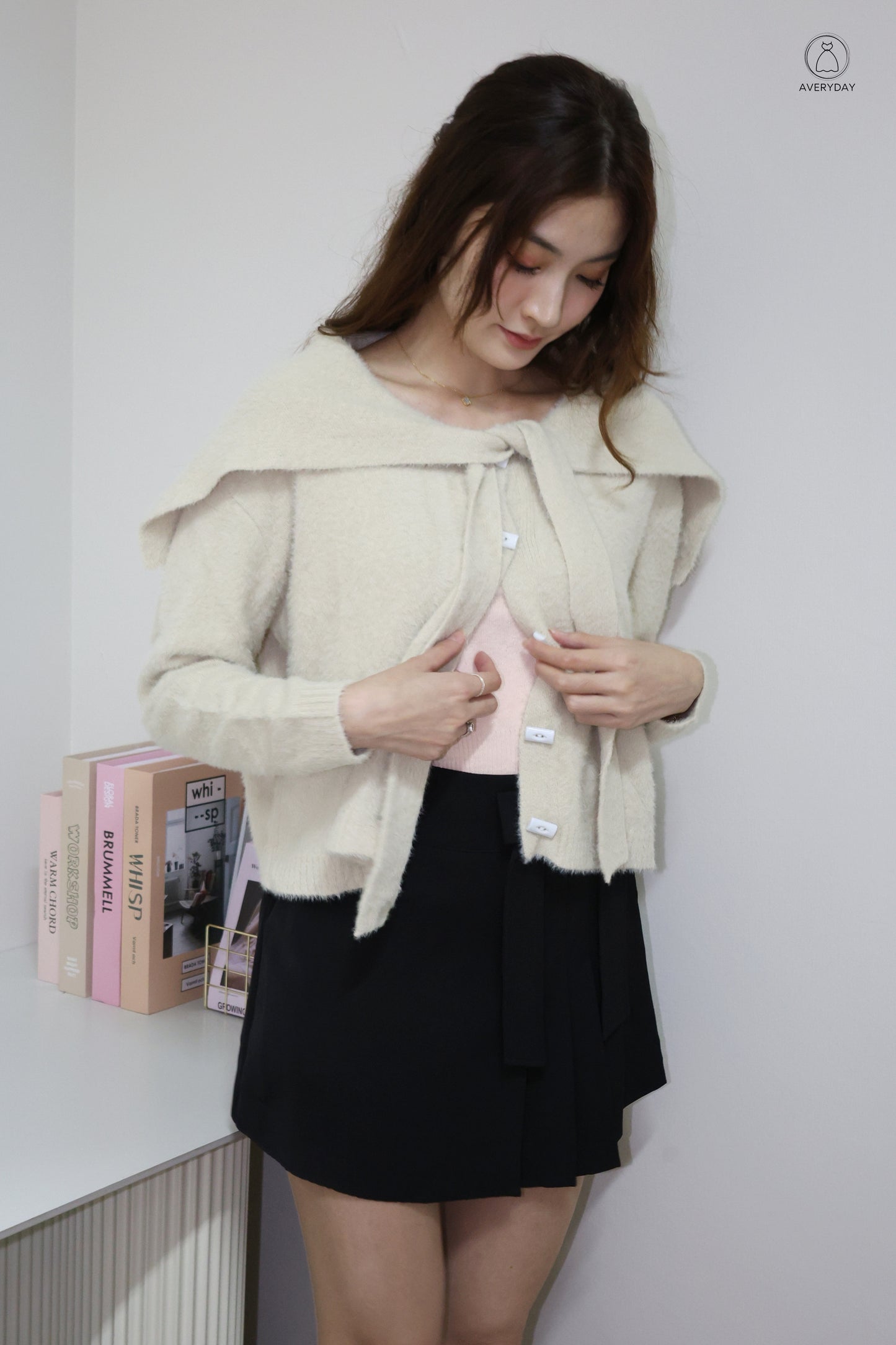 Keely Furry Ribbon Cape Cardigan In Taupe