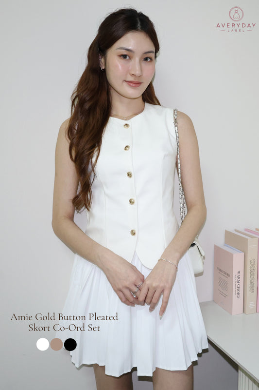 Amie Gold Button Pleated Skort Co-Ord Set In White