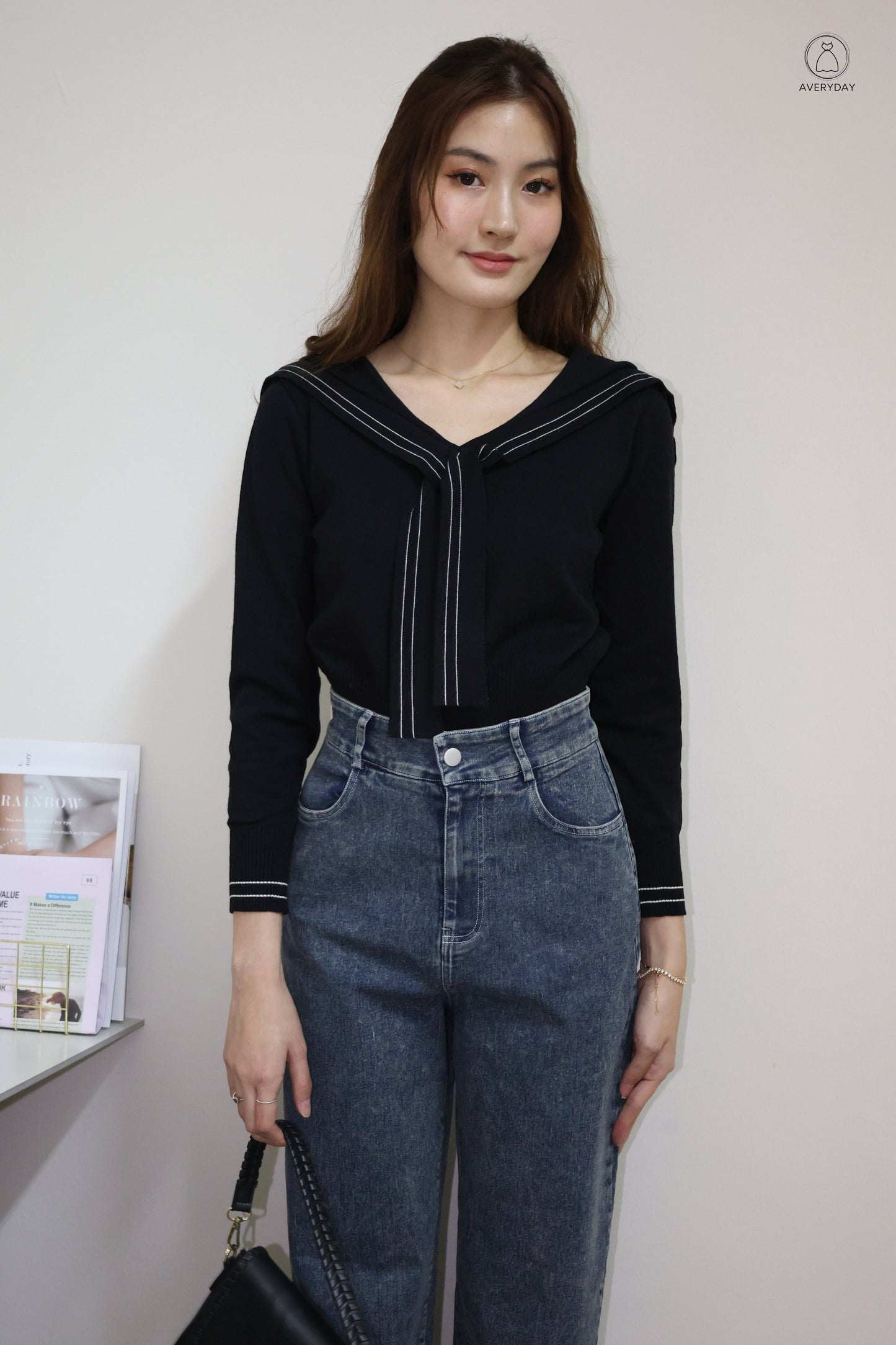Tayler Nautical Tie Front Knit Top In Black