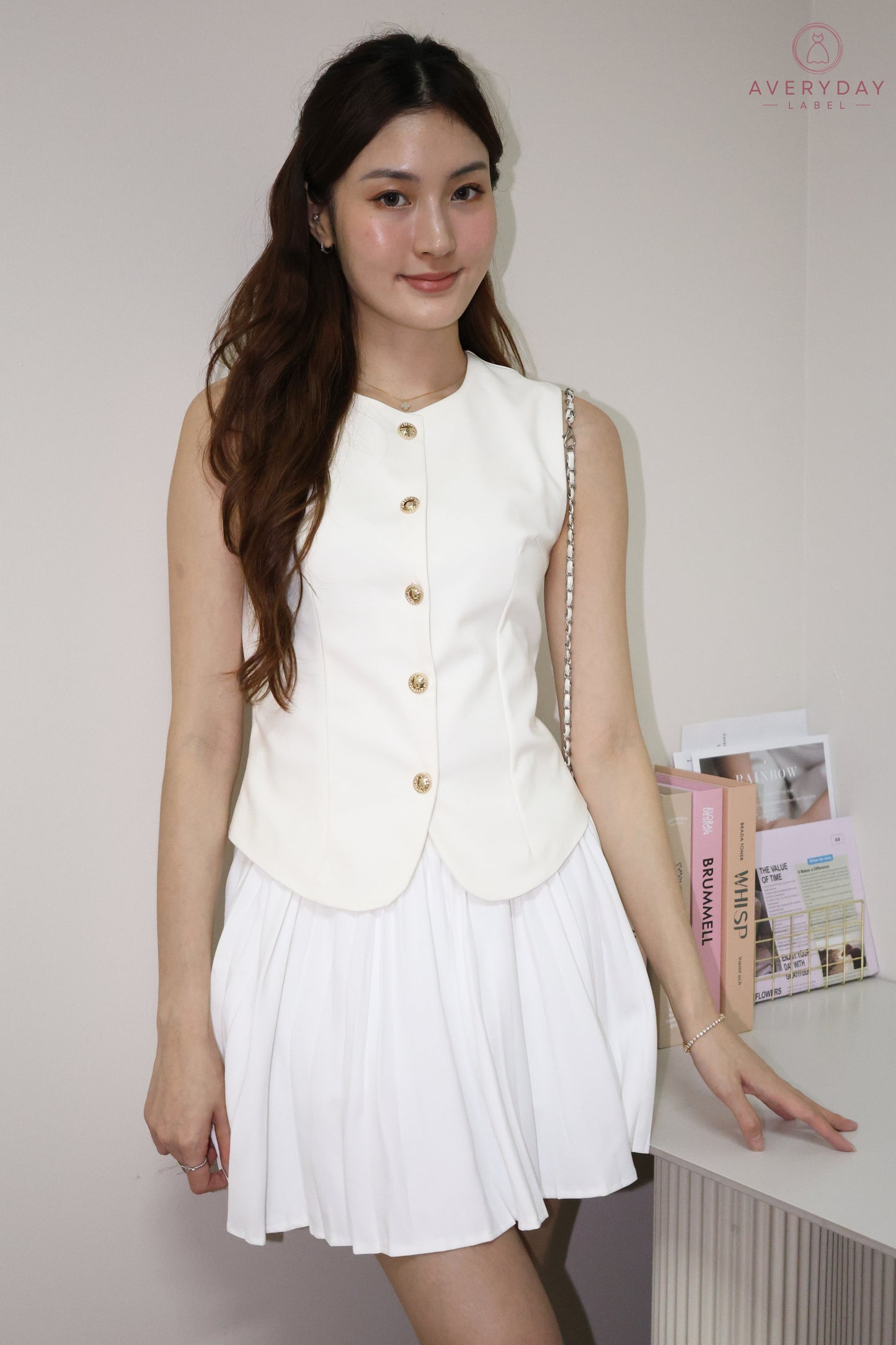 Amie Gold Button Pleated Skort Co-Ord Set In White