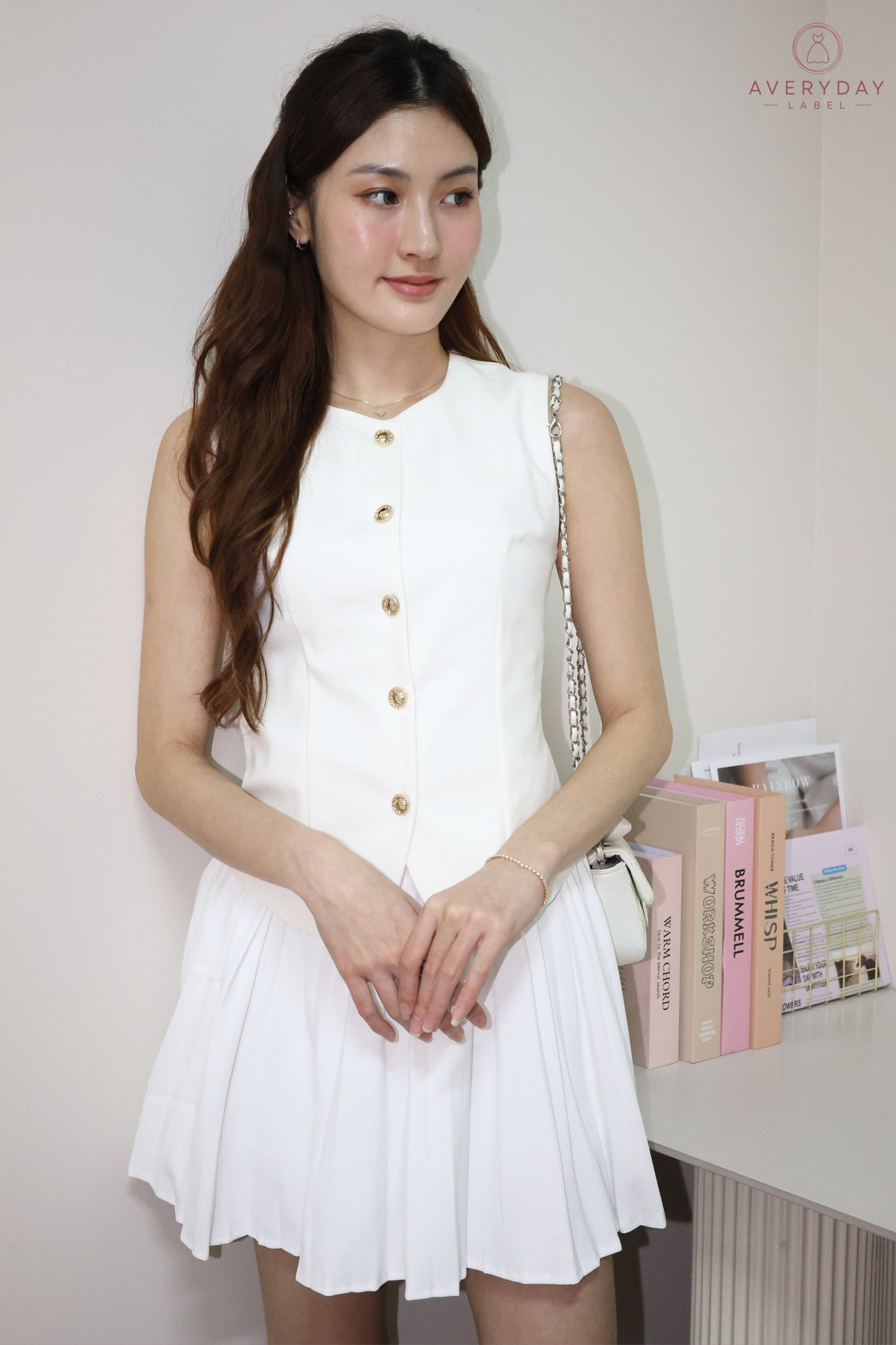 Amie Gold Button Pleated Skort Co-Ord Set In White