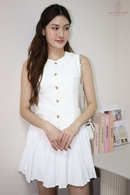 Amie Gold Button Pleated Skort Co-Ord Set In White
