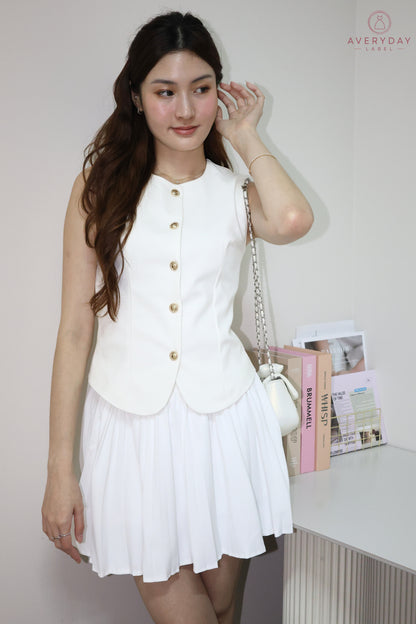 Amie Gold Button Pleated Skort Co-Ord Set In White
