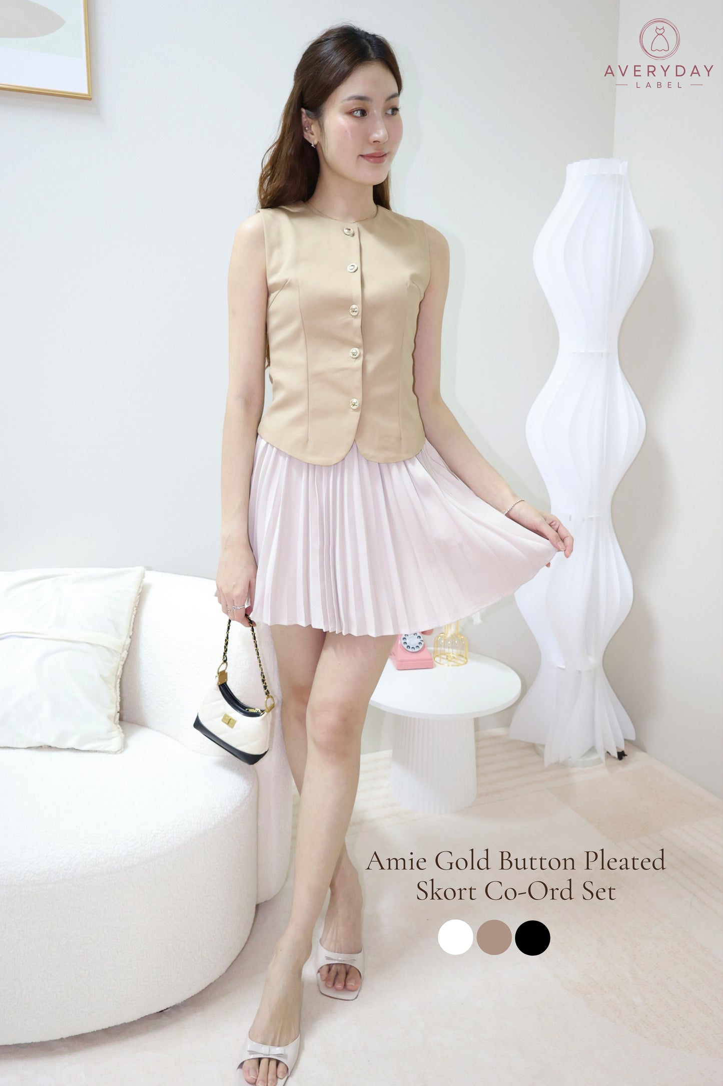 Amie Gold Button Pleated Skort Co-Ord Set In Amber Gold