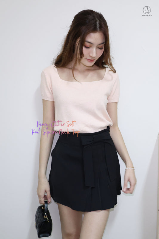 Kensy Glitter Soft Knit Square Neck Top In Peach
