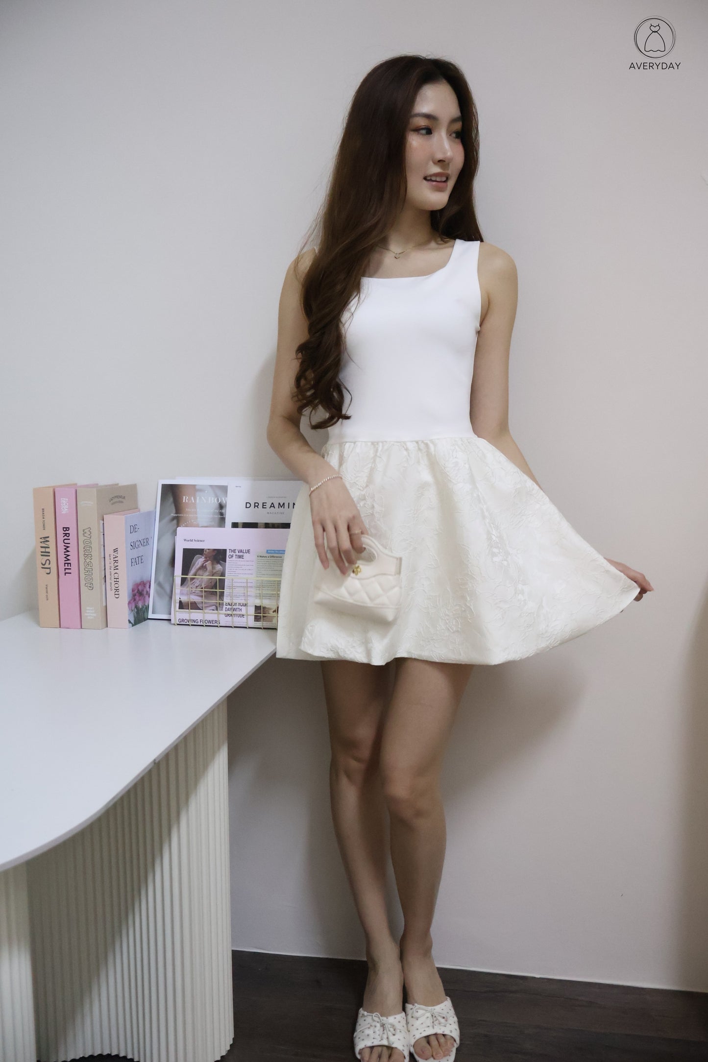 霓影 (Ní Yǐng) Festive  Bloom Lace Romper Dress In White (With Camellia Chain Sling)