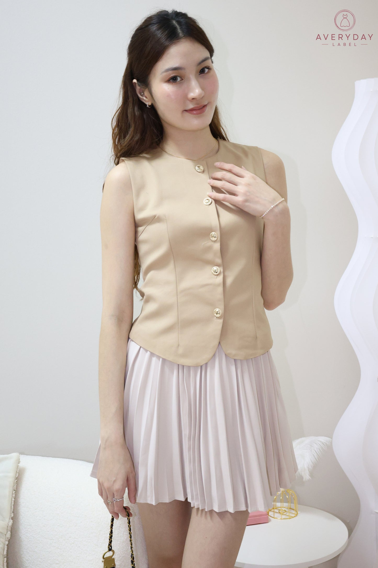 Amie Gold Button Pleated Skort Co-Ord Set In Amber Gold