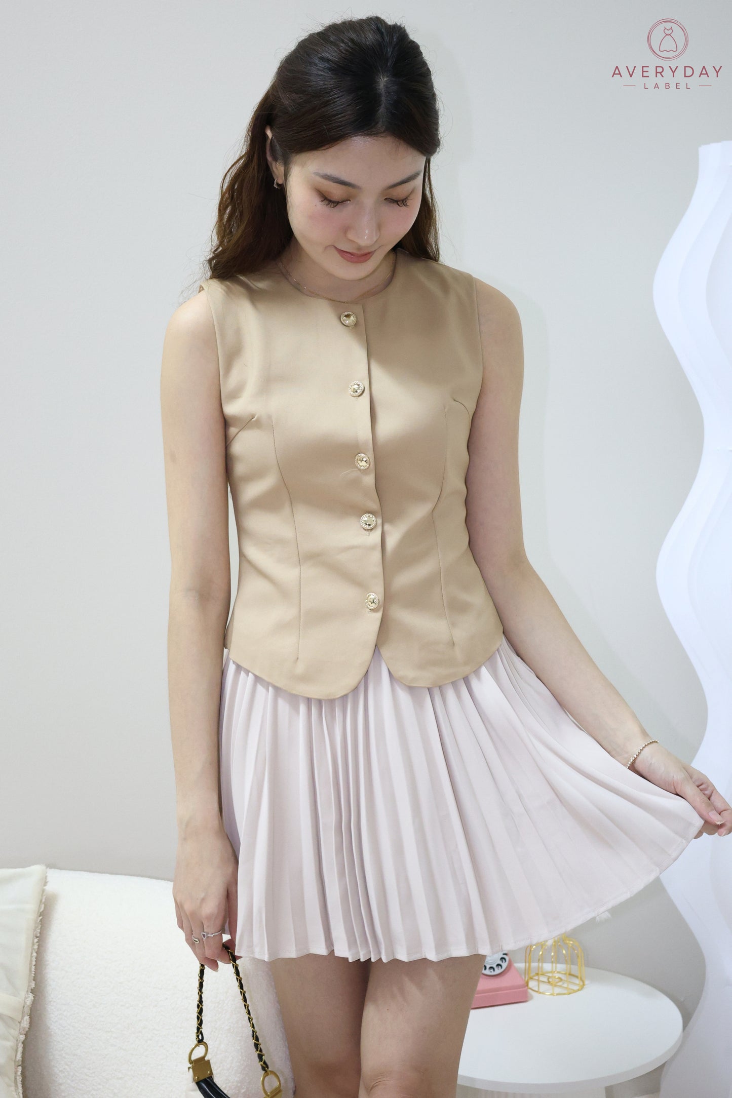 Amie Gold Button Pleated Skort Co-Ord Set In Amber Gold